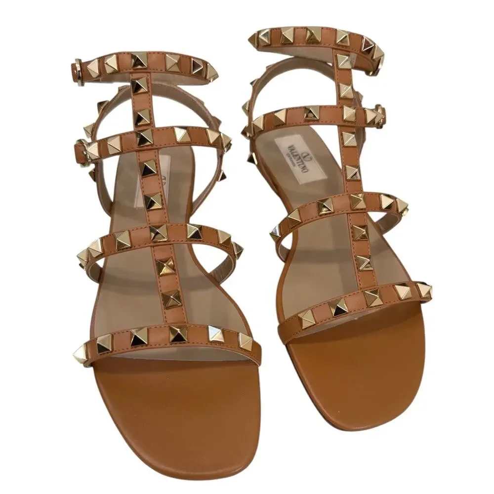 Valentino Garavani Rockstud Caged Leather Slide Sandal Almond Beige 36.5